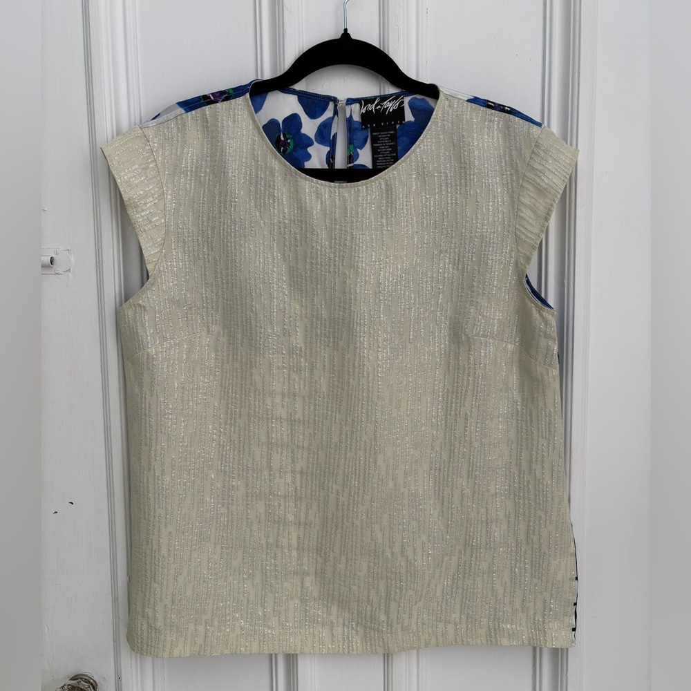Lord And Taylor 424 Fifth Cap Sleeve Top Blue Floral Grid Shiny